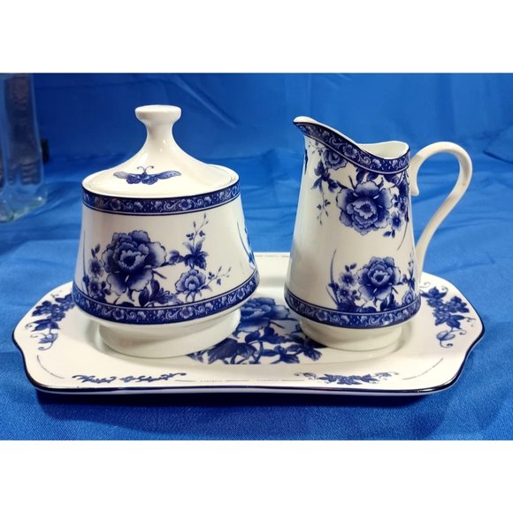 Baum Brothers Other - Mint Baum Bros Blue Rose Creamer Sugar Jar Underplate Plate Cobalt Blue Set